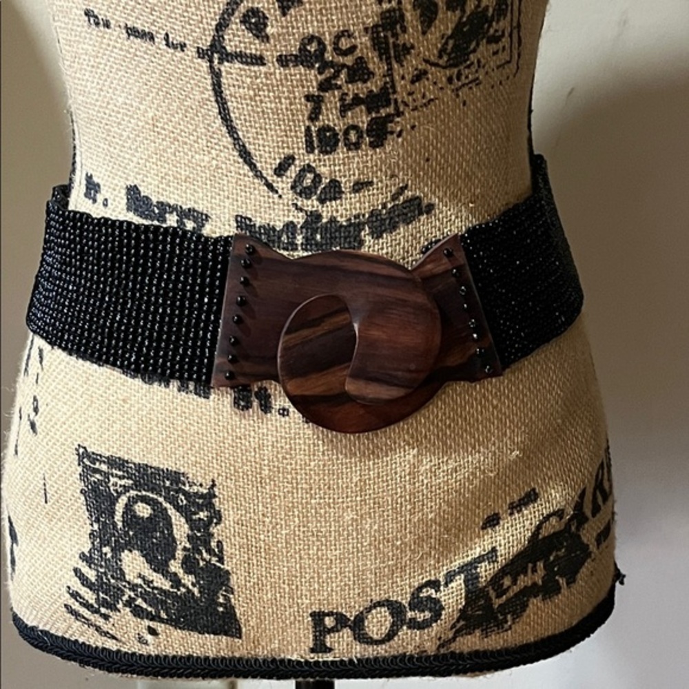 VINTAGE bohemian wood and seed bead stretch belt|28”-42”